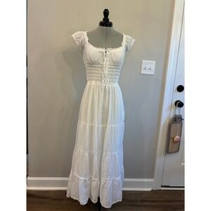 Sim & Sam White Cotton Smocked Tiered Maxi Dress Small Cottagecore Milkmaid